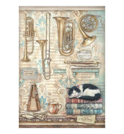 Symphony – Printed A4 Rice paper for Art and Craft – Trumpets and cat