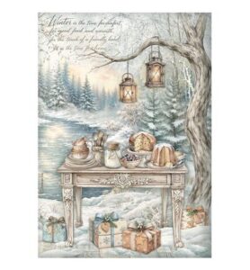 White Christmas – Printed A4 Rice paper for Art and Craft – Festive table by the lake