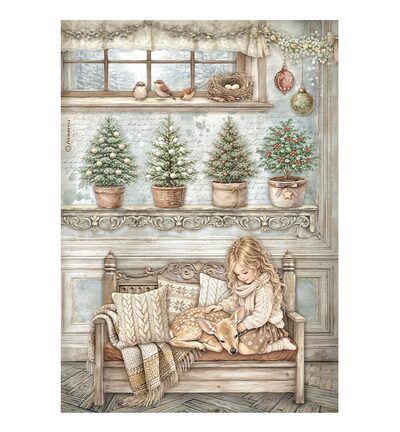 White Christmas – Printed A4 Rice paper for Art and Craft – Little girl and a fawn