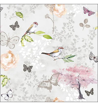 Servetten 20pcs / 33 x 33cm, Birds and butterflies grey