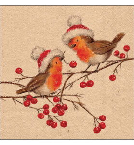 Servetten 20pcs / 33 x 33cm, Christmas robins nature