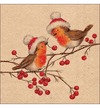 Servetten 20pcs / 33 x 33cm, Christmas robins nature