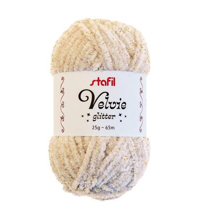 Velvie Glitter yarn 3mm x 65mtr / 25gr, White/gold