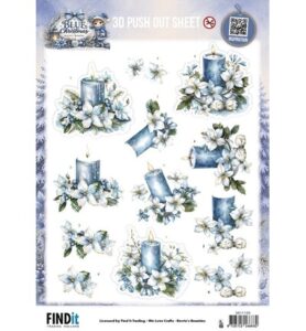 Berrie’s Beauties 3D Push-out – Blue Christmas – Blue Candles and White Poinsettia