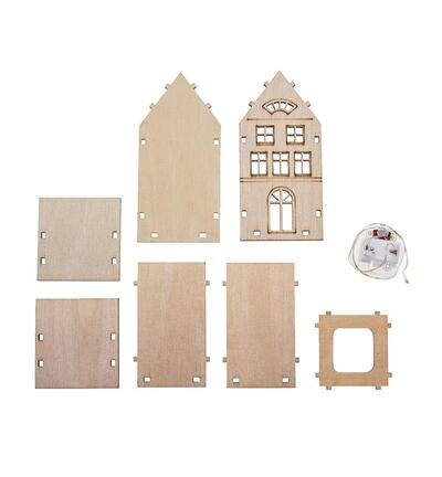 Wooden Houses DIY kit with LED, 7x12x5,5cm