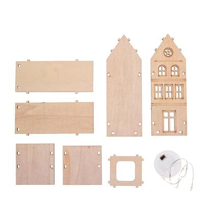 Wooden Houses DIY kit with LED, 6,6x15x5,5cm