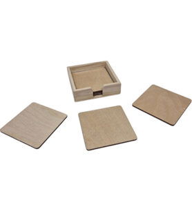 Square Birch Plywood Coasters, 6-Pack in a Holder